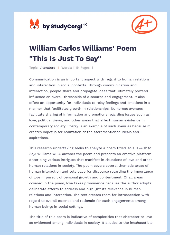 William Carlos Williams' Poem "This Is Just To Say". Page 1