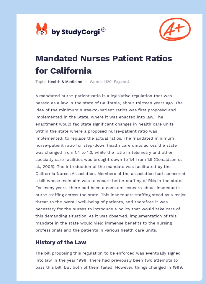 Mandated Nurses Patient Ratios for California. Page 1