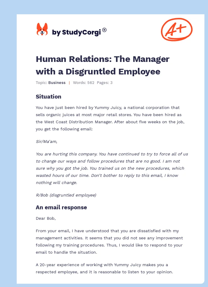 Human Relations: The Manager with a Disgruntled Employee. Page 1