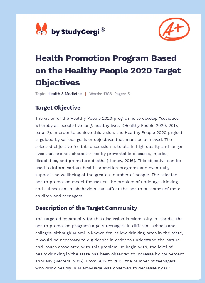 Health Promotion Program Based on the Healthy People 2020 Target Objectives. Page 1