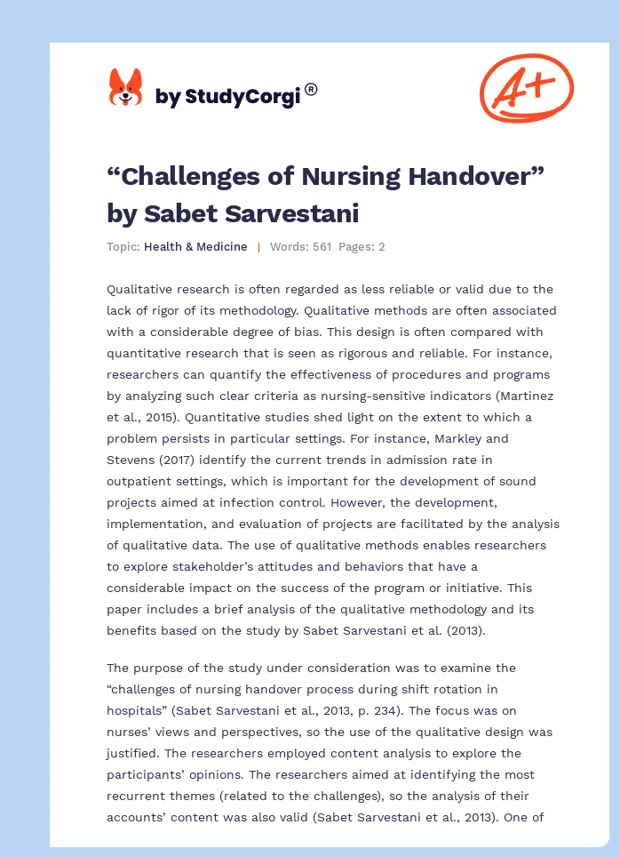 “Challenges of Nursing Handover” by Sabet Sarvestani. Page 1
