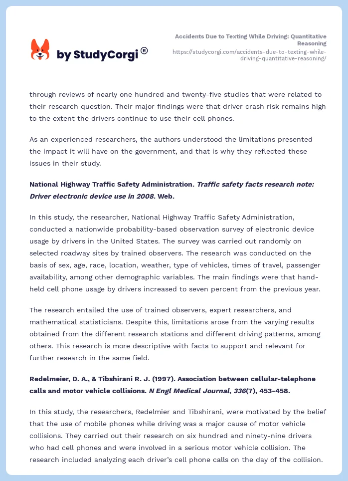 Accidents Due to Texting While Driving: Quantitative Reasoning. Page 2