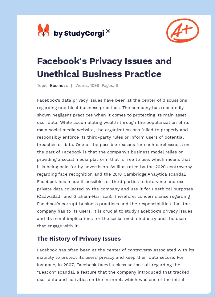 Facebook's Privacy Issues and Unethical Business Practice. Page 1