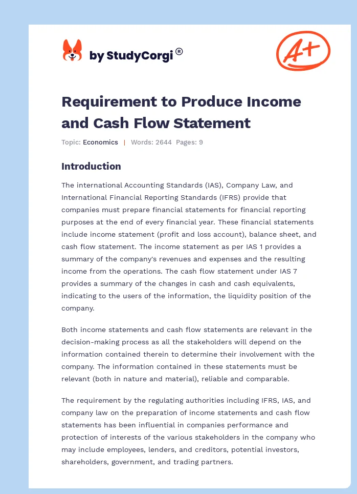 Requirement to Produce Income and Cash Flow Statement. Page 1