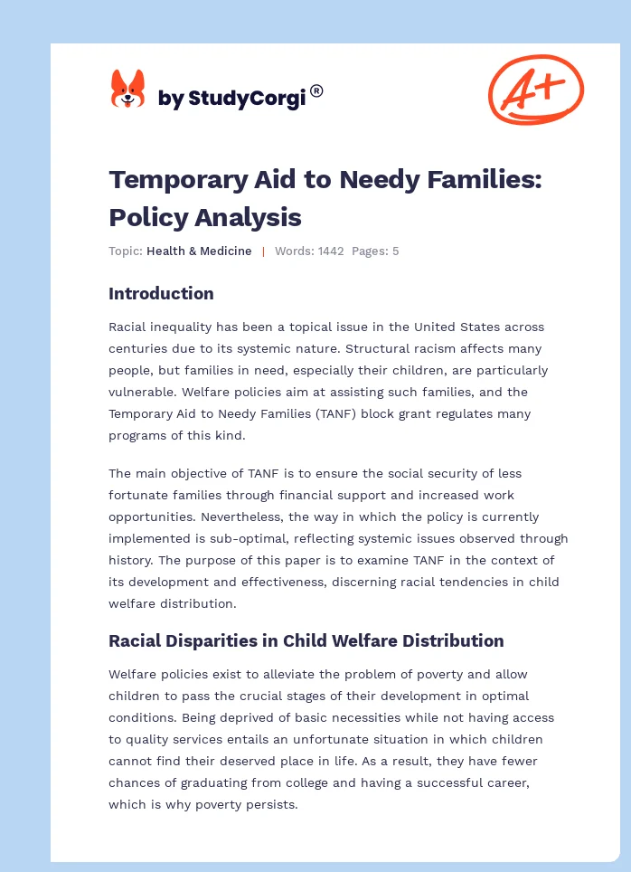 Temporary Aid to Needy Families: Policy Analysis. Page 1