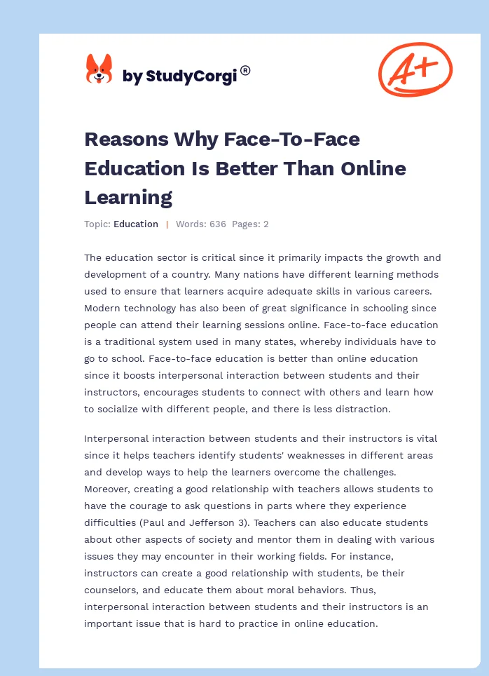 Reasons Why Face-To-Face Education Is Better Than Online Learning. Page 1