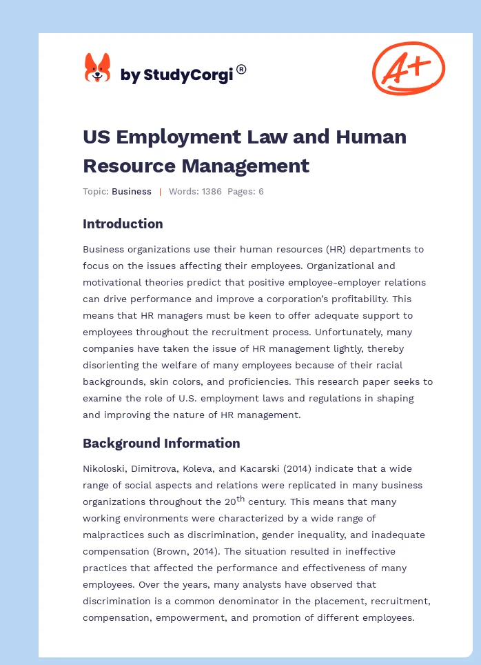 US Employment Law and Human Resource Management. Page 1