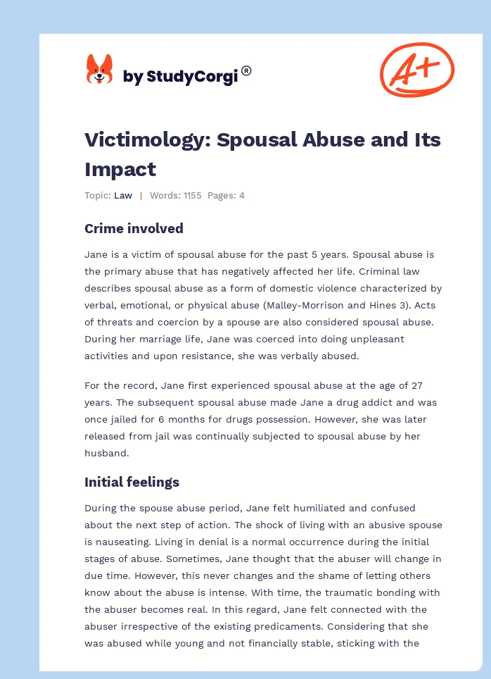 Victimology: Spousal Abuse and Its Impact. Page 1