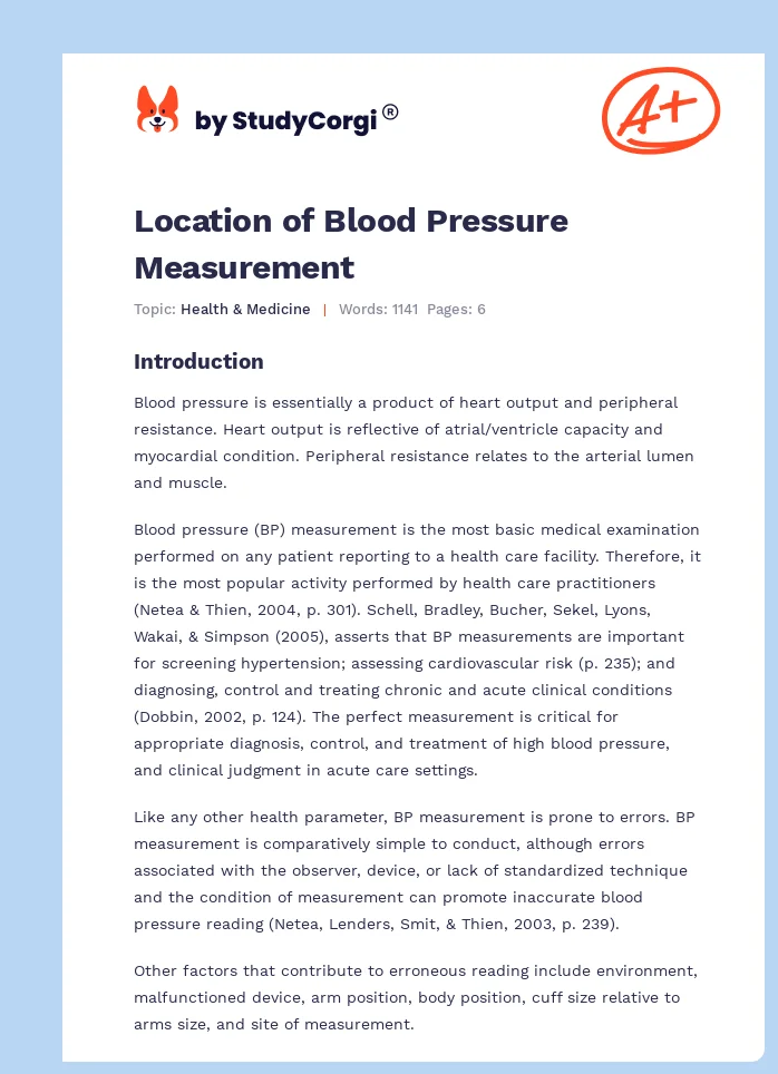 Location of Blood Pressure Measurement. Page 1