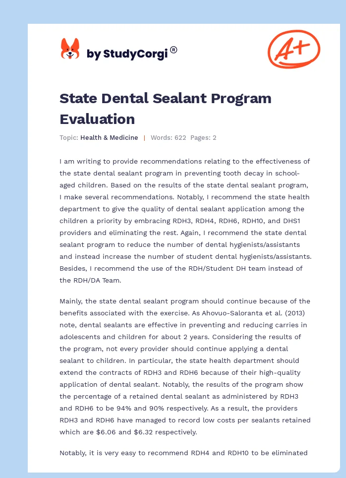 State Dental Sealant Program Evaluation. Page 1