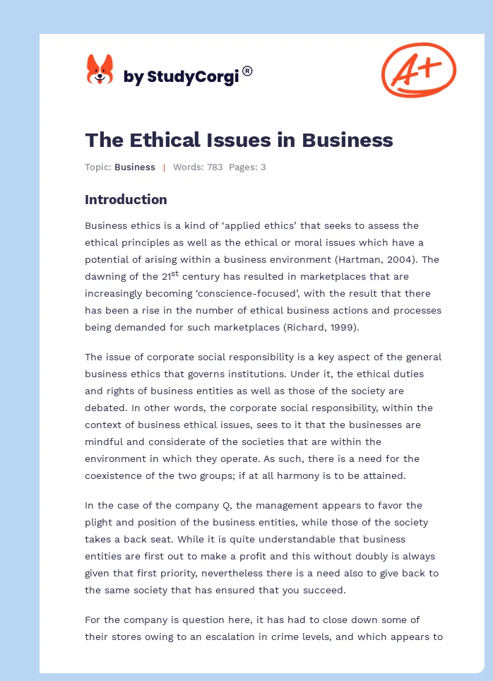 The Ethical Issues in Business. Page 1