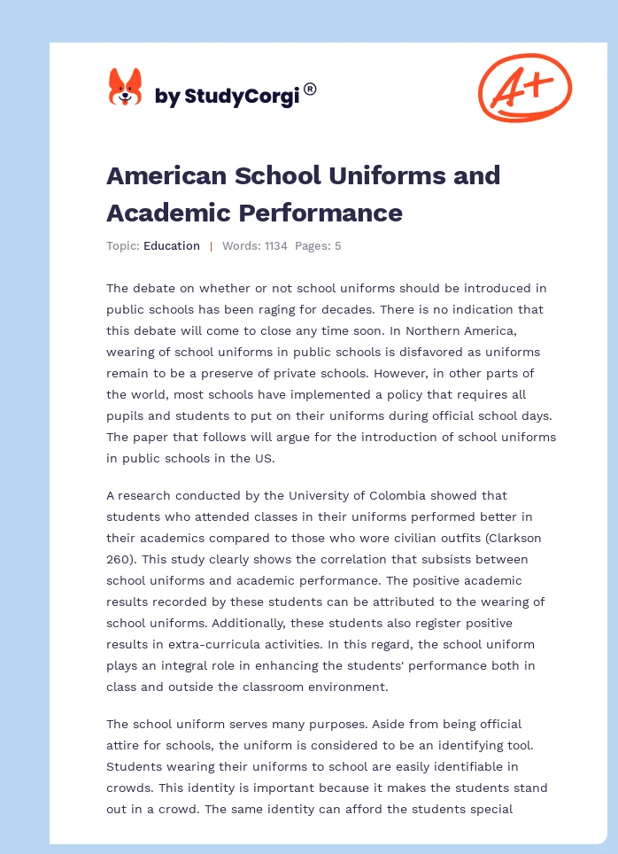 American School Uniforms and Academic Performance. Page 1