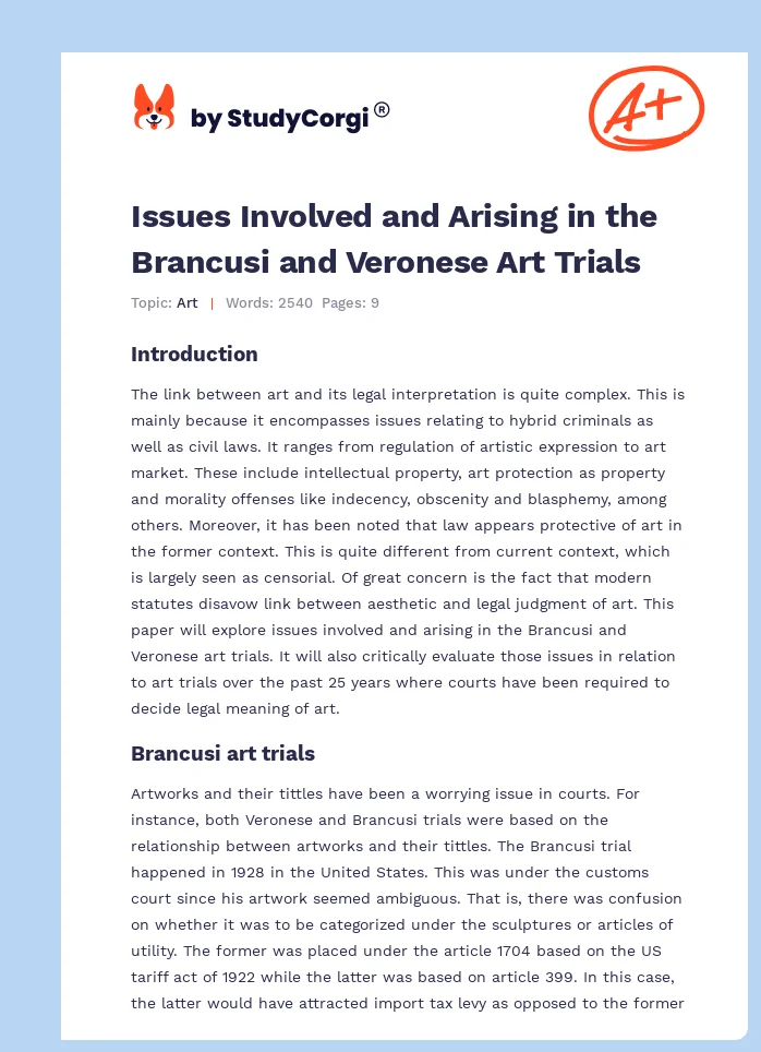 Issues Involved and Arising in the Brancusi and Veronese Art Trials. Page 1
