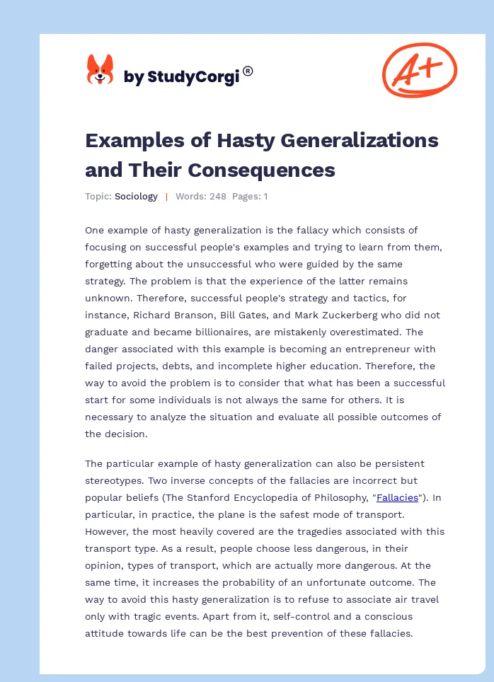 Examples of Hasty Generalizations and Their Consequences. Page 1