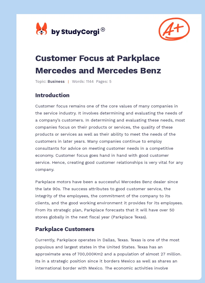 Customer Focus at Parkplace Mercedes and Mercedes Benz. Page 1