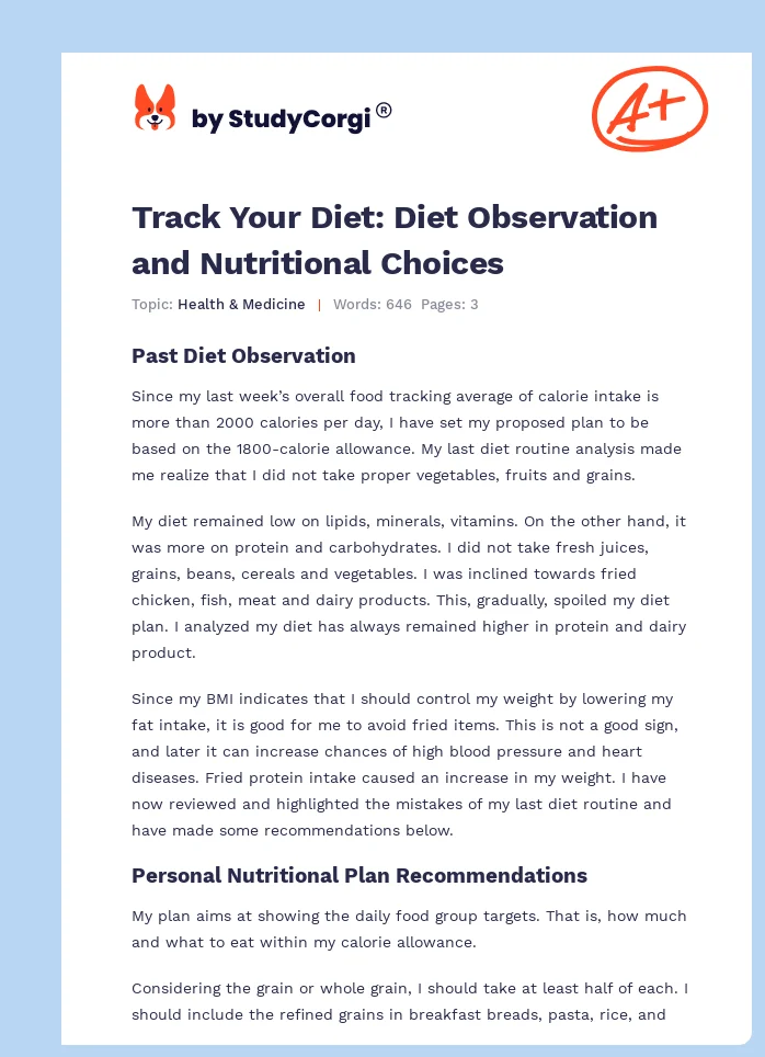 Track Your Diet: Diet Observation and Nutritional Choices. Page 1