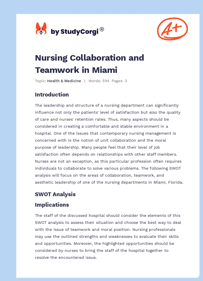 Nursing Collaboration and Teamwork in Miami. Page 1
