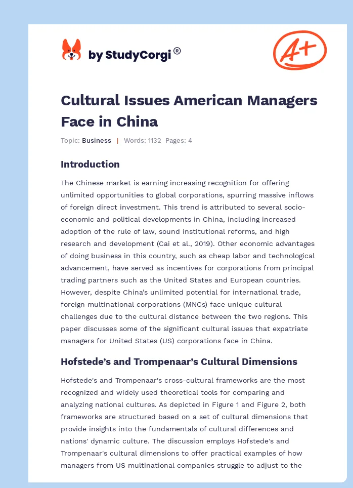 Cultural Issues American Managers Face in China. Page 1