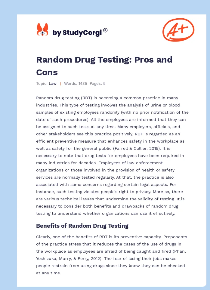 Random Drug Testing: Pros and Cons. Page 1