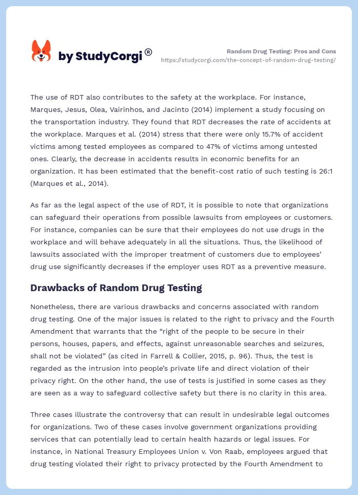 Random Drug Testing: Pros and Cons. Page 2