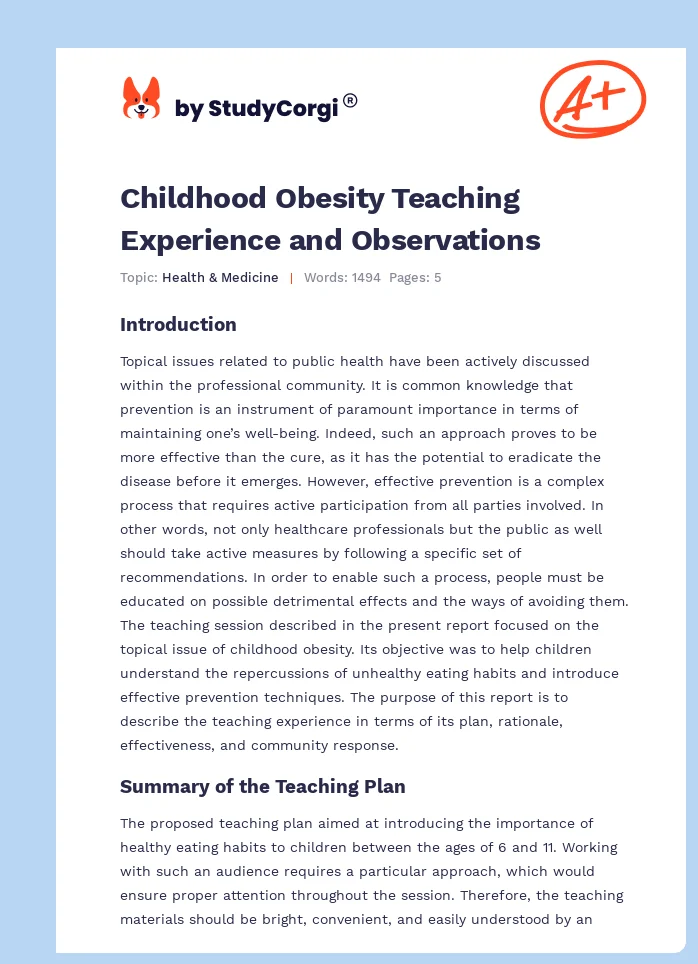 Childhood Obesity Teaching Experience and Observations. Page 1