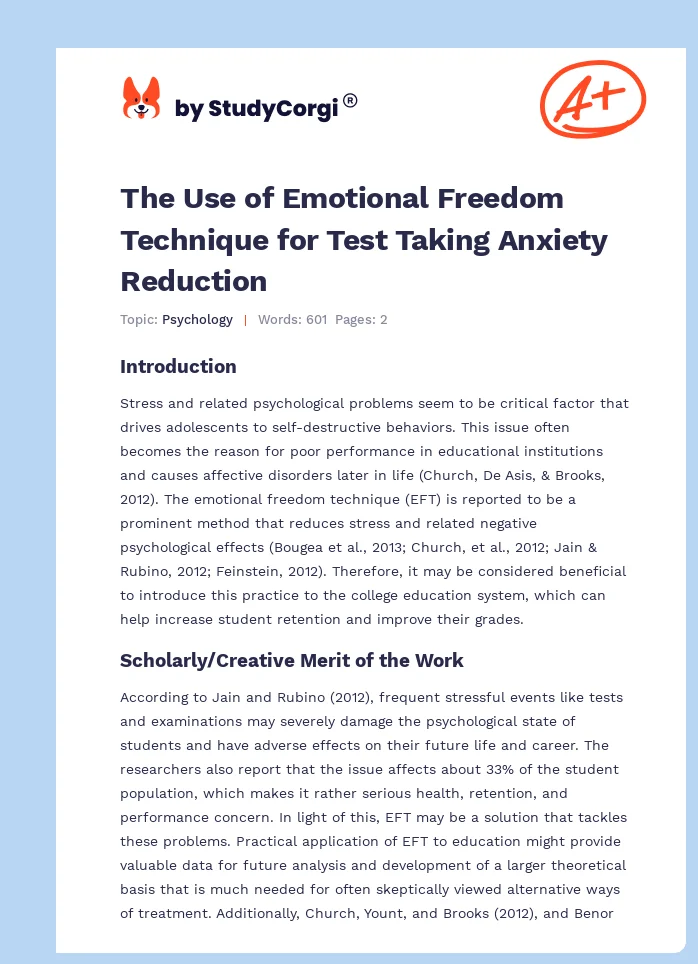 The Use of Emotional Freedom Technique for Test Taking Anxiety Reduction. Page 1