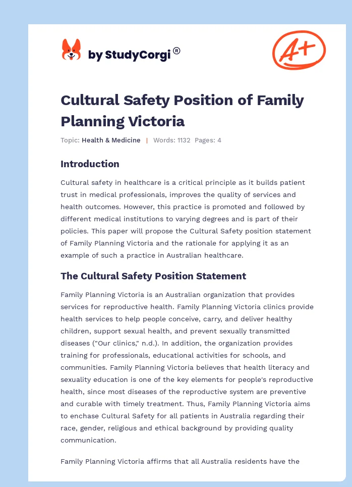 Cultural Safety Position of Family Planning Victoria. Page 1