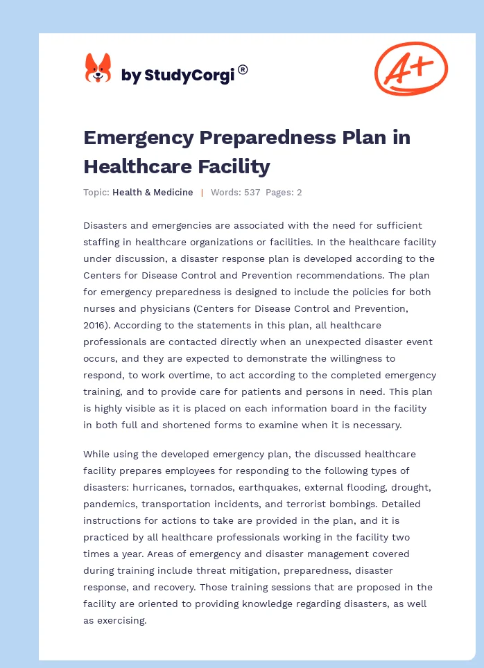 Emergency Preparedness Plan in Healthcare Facility. Page 1