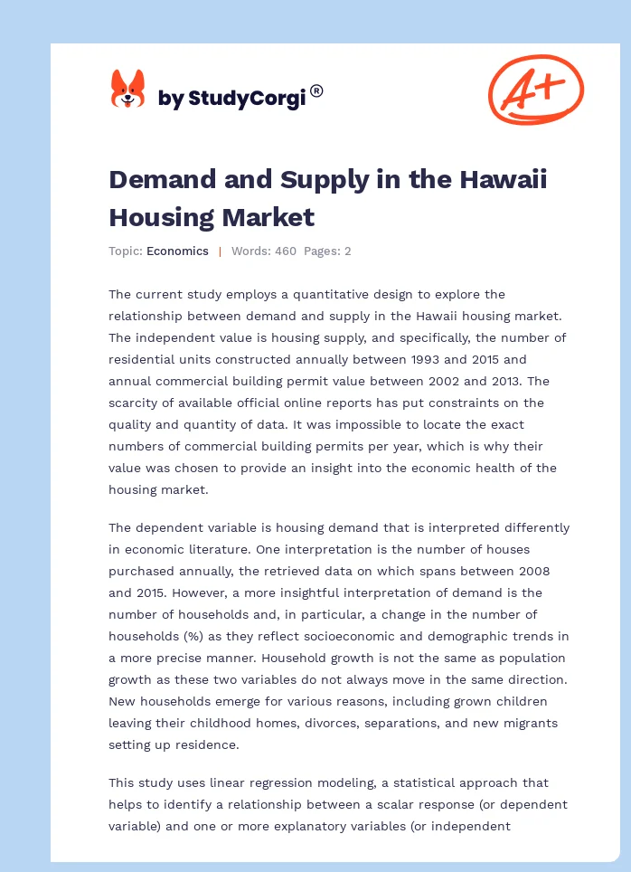 Demand and Supply in the Hawaii Housing Market. Page 1