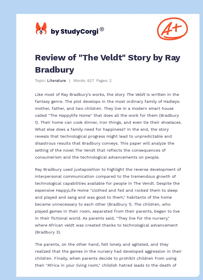Review of "The Veldt" Story by Ray Bradbury. Page 1