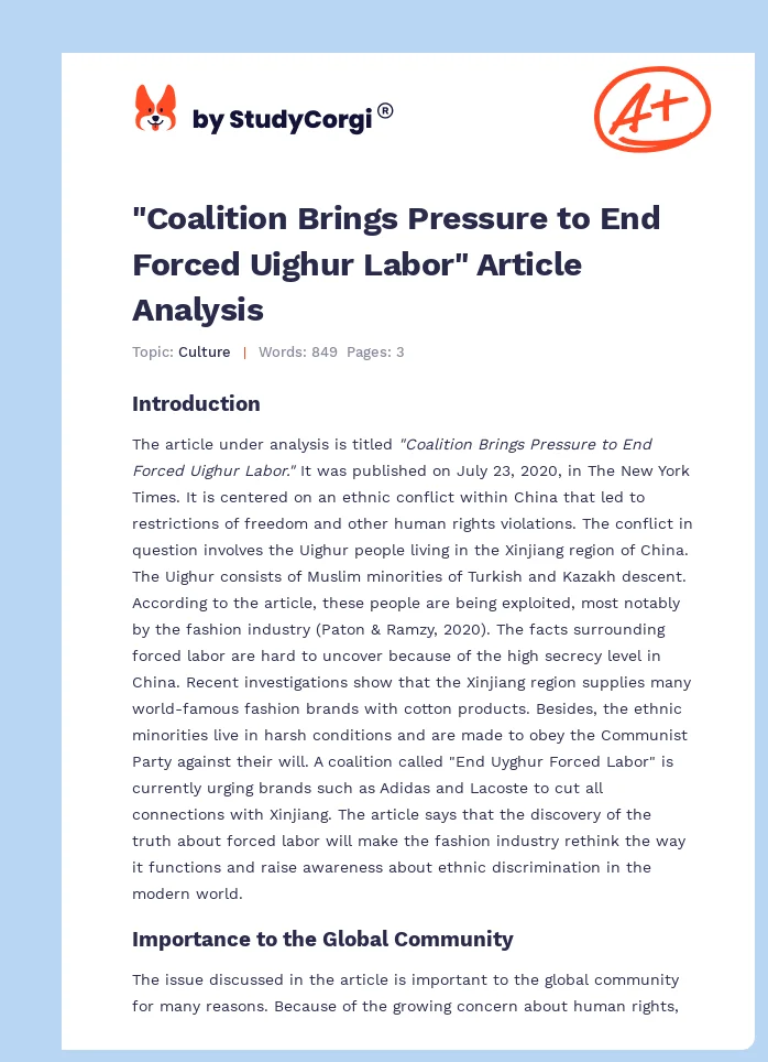 "Coalition Brings Pressure to End Forced Uighur Labor" Article Analysis. Page 1