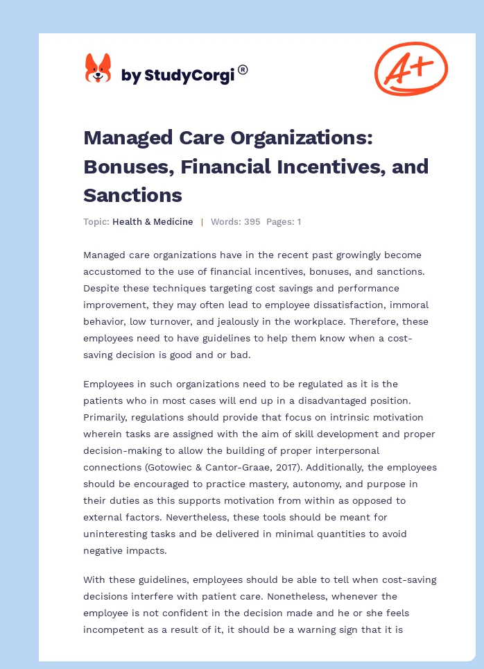 Managed Care Organizations: Bonuses, Financial Incentives, and Sanctions. Page 1