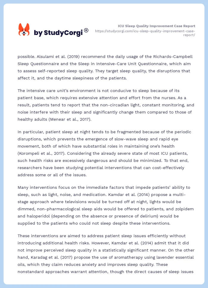 ICU Sleep Quality Improvement Case Report. Page 2
