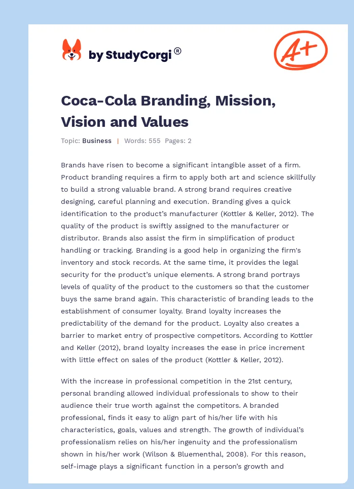 Coca-Cola Branding, Mission, Vision and Values. Page 1