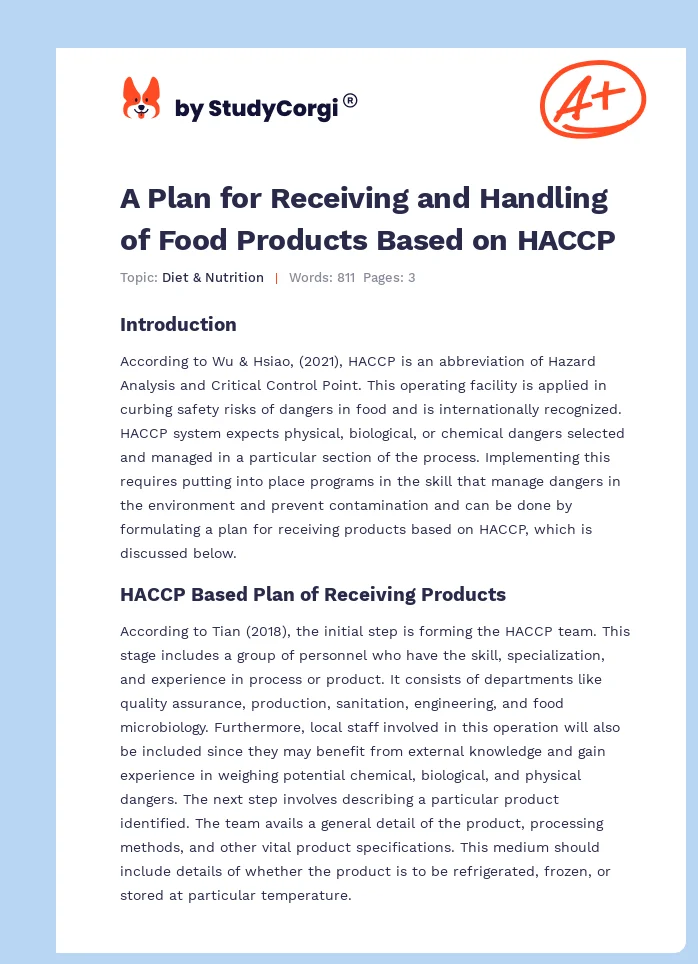 A Plan for Receiving and Handling of Food Products Based on HACCP. Page 1