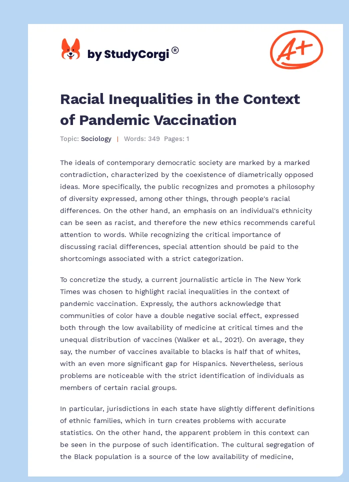 Racial Inequalities in the Context of Pandemic Vaccination. Page 1