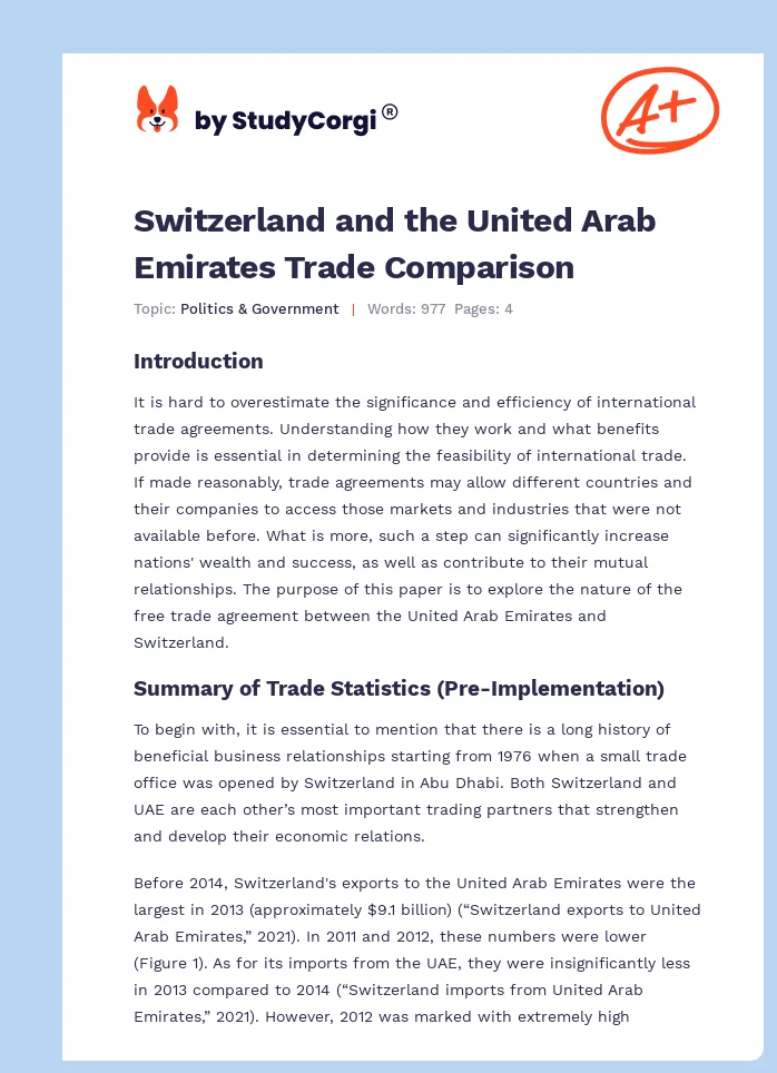 Switzerland and the United Arab Emirates Trade Comparison. Page 1
