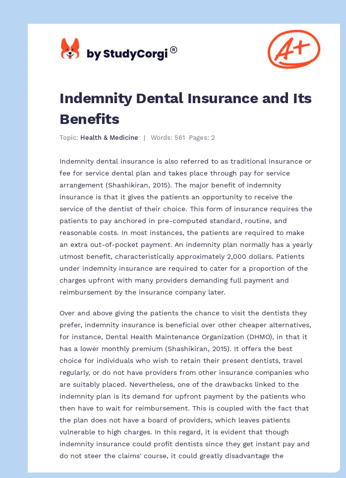 Indemnity Dental Insurance and Its Benefits. Page 1
