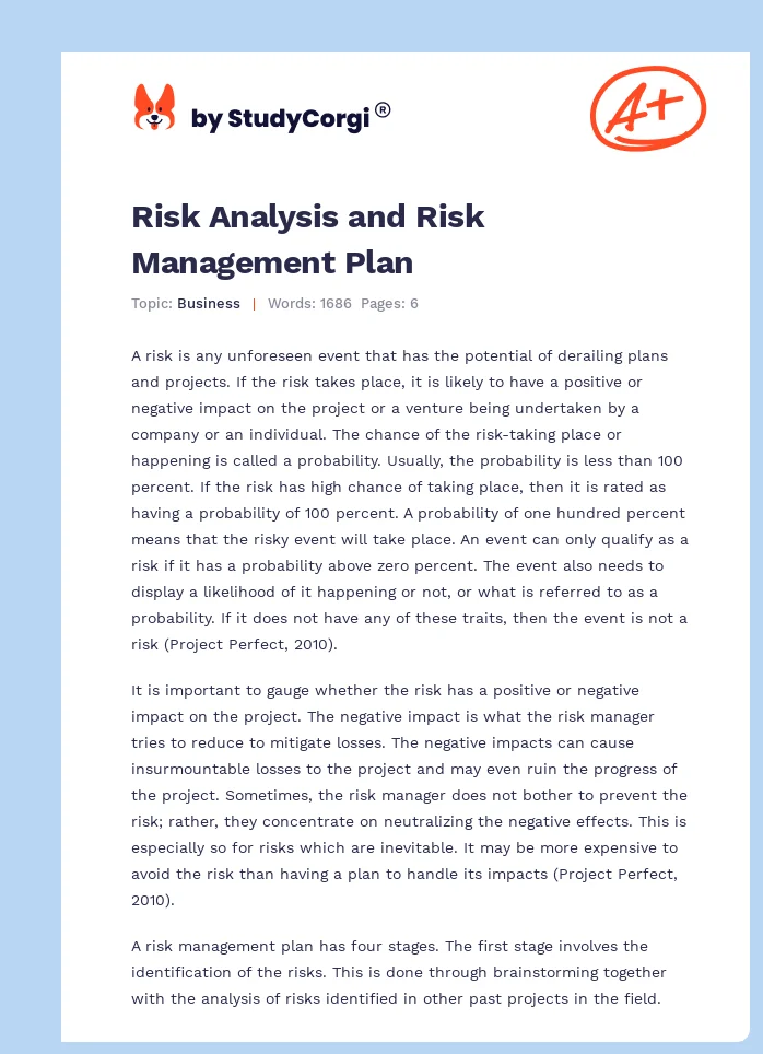 Risk Analysis and Risk Management Plan. Page 1