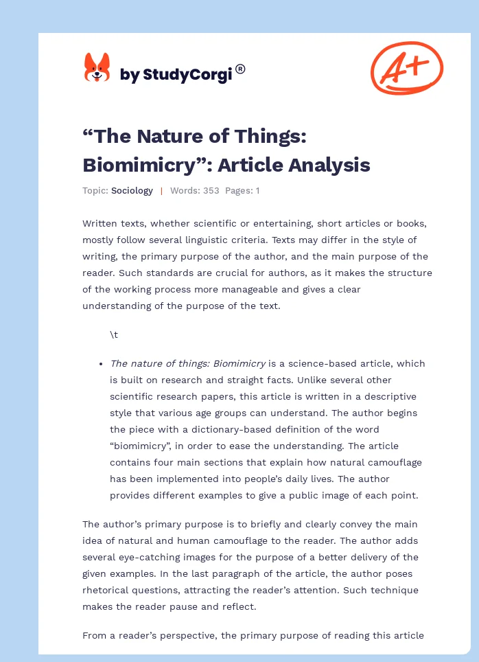 “The Nature of Things: Biomimicry”: Article Analysis. Page 1