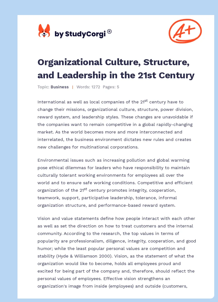 Organizational Culture, Structure, and Leadership in the 21st Century. Page 1