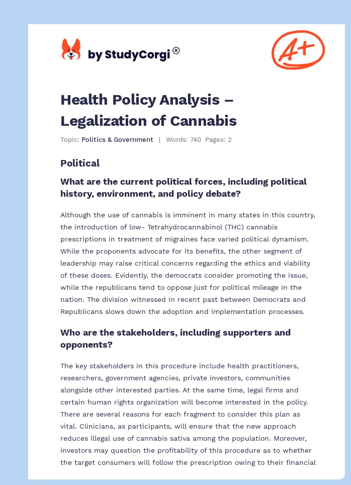 Health Policy Analysis – Legalization of Cannabis. Page 1