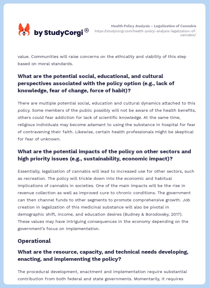 Health Policy Analysis – Legalization of Cannabis. Page 2