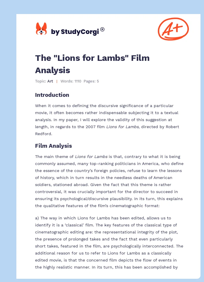 The "Lions for Lambs" Film Analysis. Page 1