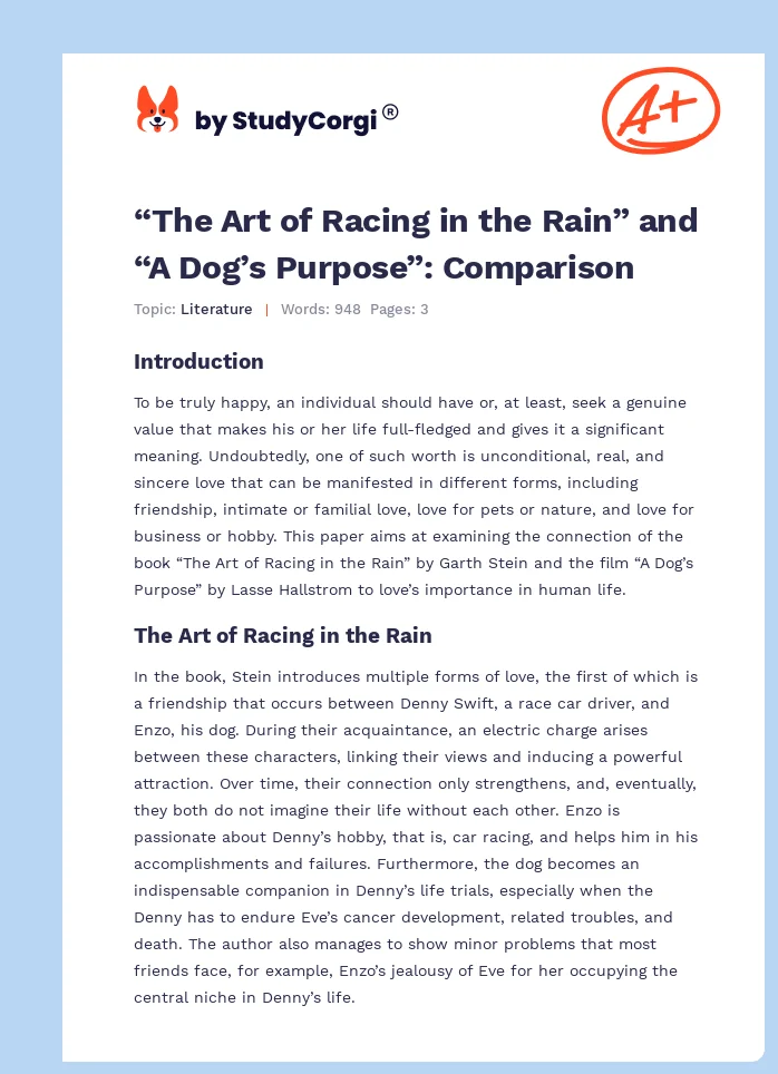 “The Art of Racing in the Rain” and “A Dog’s Purpose”: Comparison. Page 1