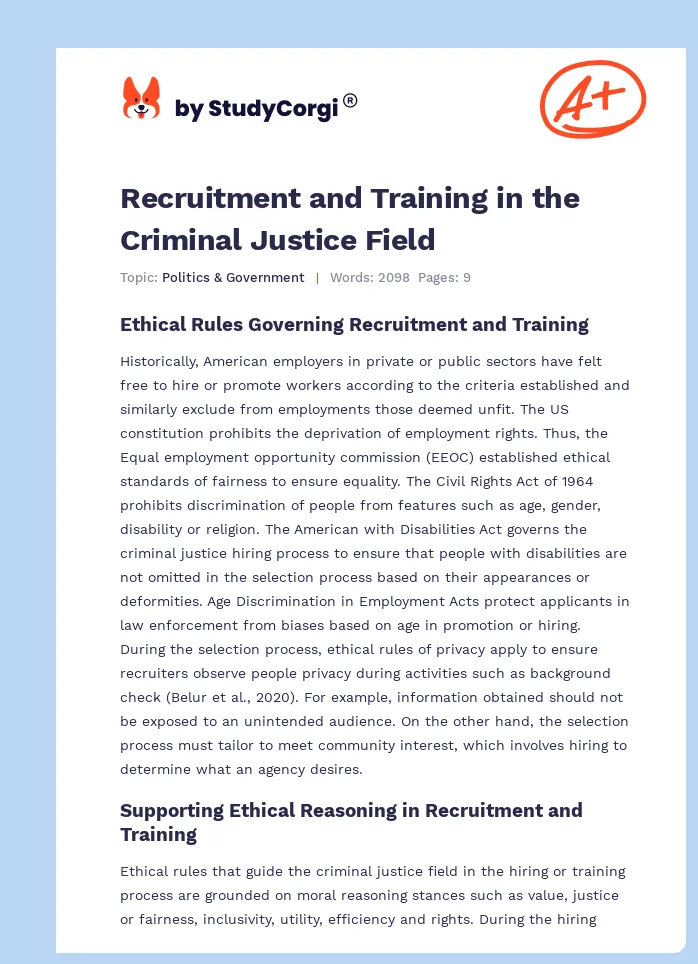 Recruitment and Training in the Criminal Justice Field. Page 1