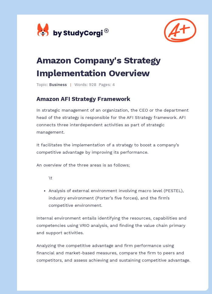 Amazon Company's Strategy Implementation Overview. Page 1