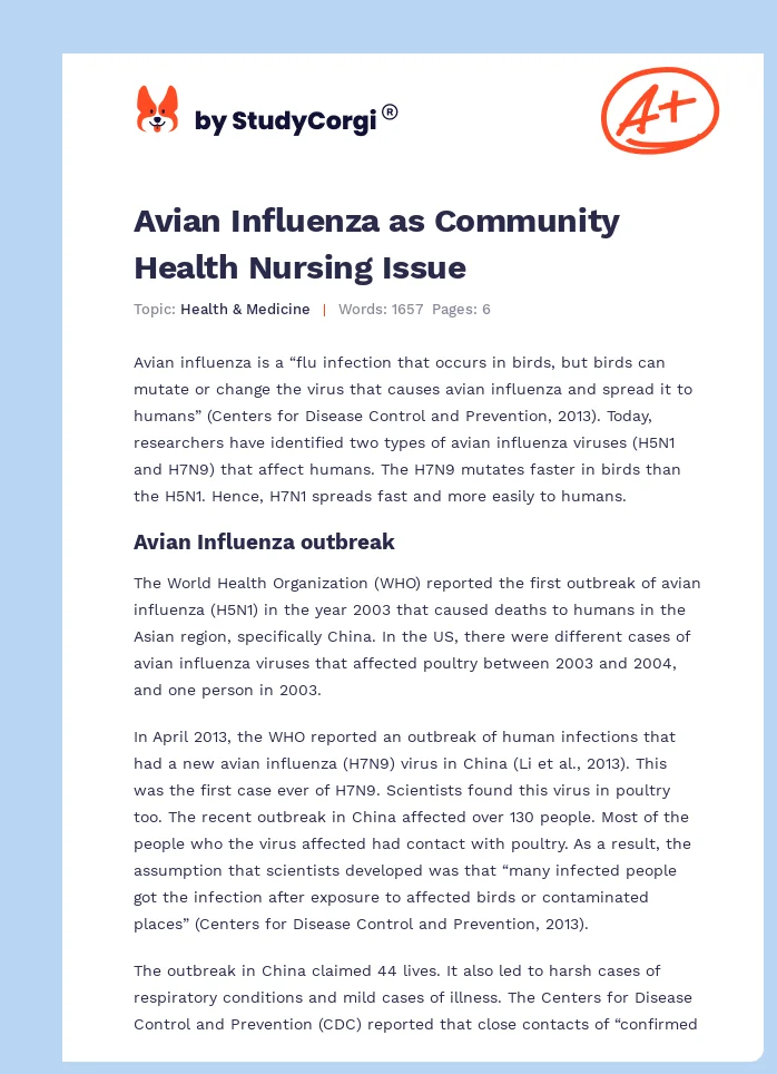 Avian Influenza as Community Health Nursing Issue. Page 1