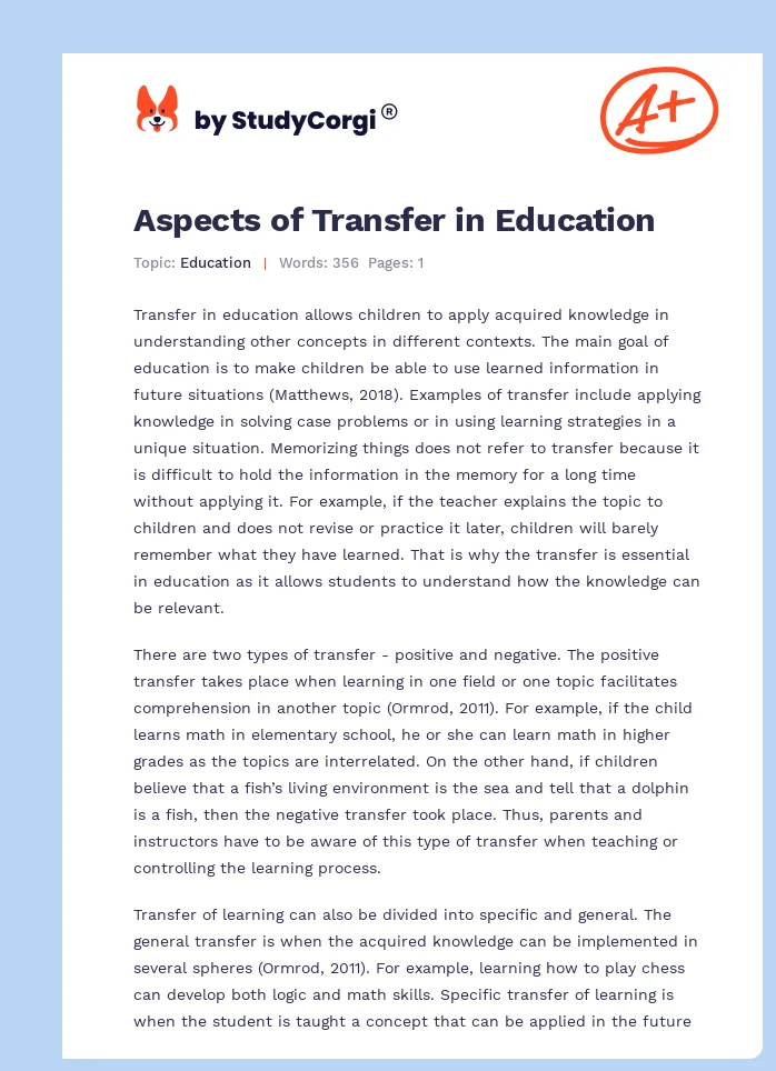 Aspects of Transfer in Education. Page 1