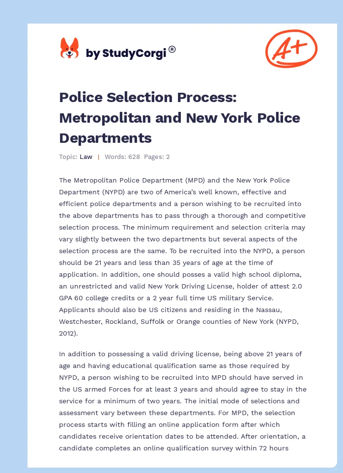 Police Selection Process: Metropolitan and New York Police Departments. Page 1